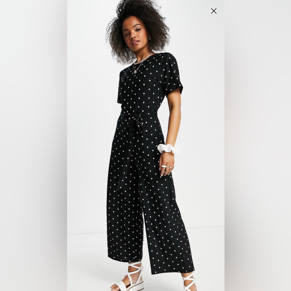 ASOS Wednesday's Girl relaxed belted jumpsuit with wide leg in polka dot